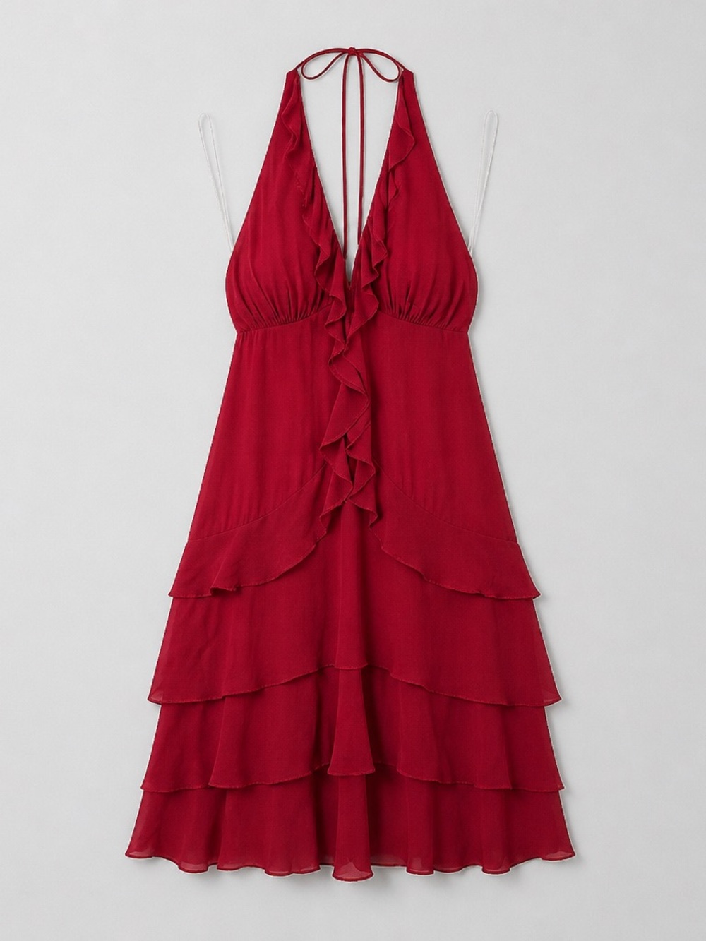 Tristan Red Backless Ruffle-Tiered Halter Dress